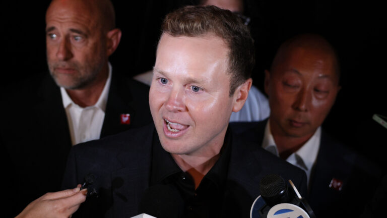 Los Angeles mayoral candidate Spencer Pratt speaks to the media outside of a election night party at Don Antonio's Mexican restaurant on June 2. (Ronaldo Bolaños / Los Angeles Times via Getty Images)