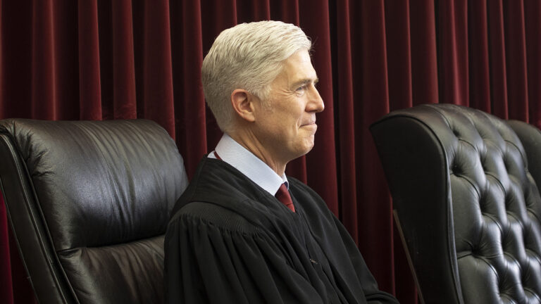 Supreme Court Justice Neil Gorsuch attends a formal investiture ceremony for a local judge at the Washington county courthouse on March 11, 2022 in Hagerstown, Maryland. (Andrew Lichtenstein/Corbis via Getty Images)