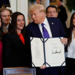 Mike Collins (L), President Donald Trump and the family of Laken Riley.