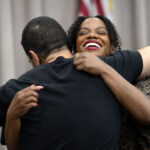 Democratic candidate for U.S. Senate in Michigan Abdul El-Sayed gets a hug from Rep. Summer Lee (D-PA).