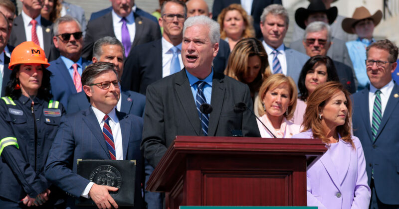House Majority Whip Tom Emmer, R-Minn., speaks alongside House Republican leadership during a news conference on the steps of the U.S. Capitol on April 15, 2026.
