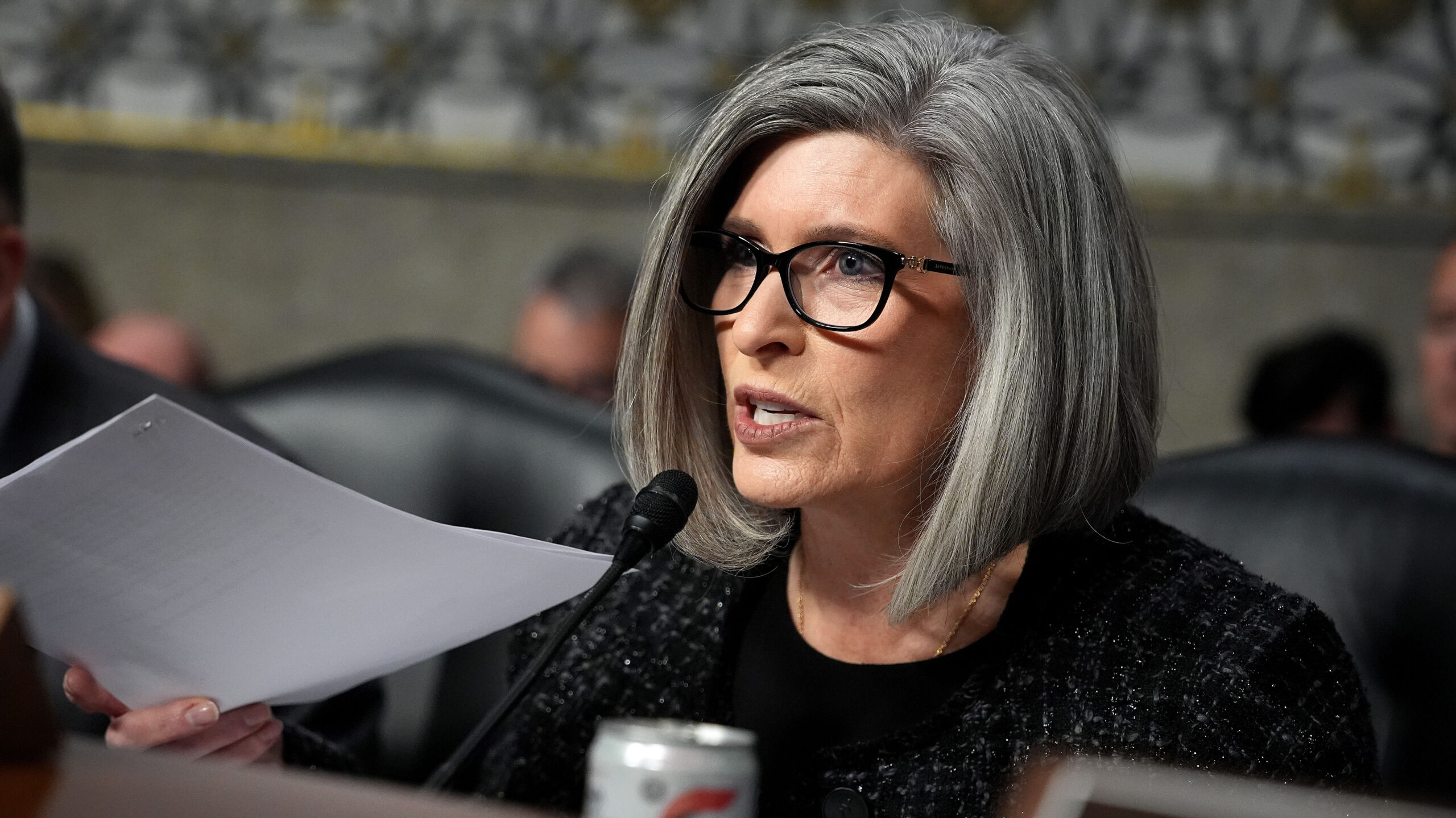 WASHINGTON, DC - JANUARY 14: U.S. Sen. Joni Ernst (R-IA) questions U.S. President-elect Donald Trump's nominee for Secretary of Defense Pete Hegseth during his Senate Armed Services confirmation hearing on Capitol Hill on January 14, 2025 in Washington, DC. Hegseth, an Army veteran and the former host of “FOX & Friends Weekend” on FOX News will be the first of the incoming Trump administration’s nominees to face questions from Senators. (Photo by Andrew Harnik/Getty Images)