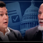 Two men in suits are talking, with a graphic of a ballot and the US Capitol domed building—including a subtle reference to Congressman Chip Roy—in the blue-toned background.