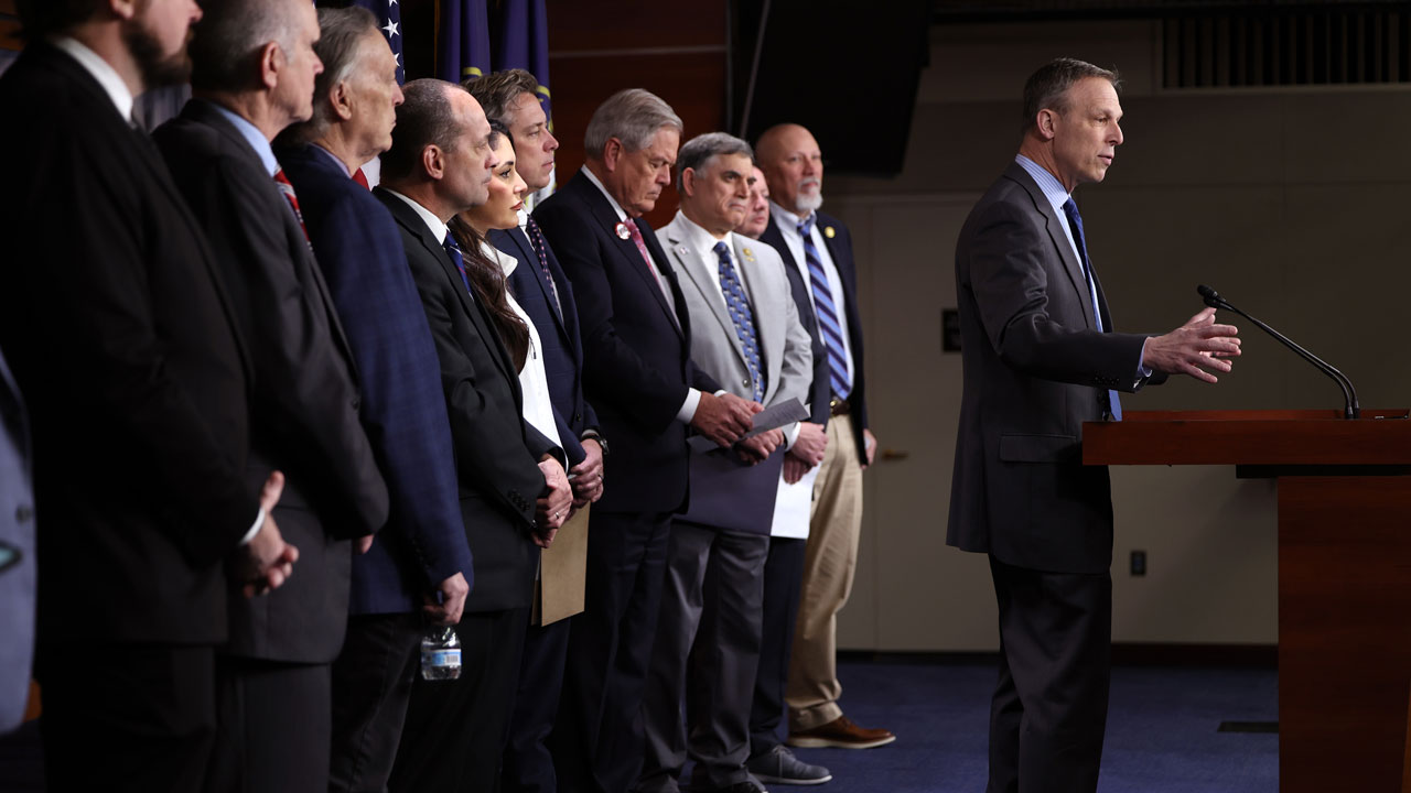 Home 2 Rep. Scott Perry of Pennsylvania speaks alongside fellow Freedom Caucus members during a press conference.