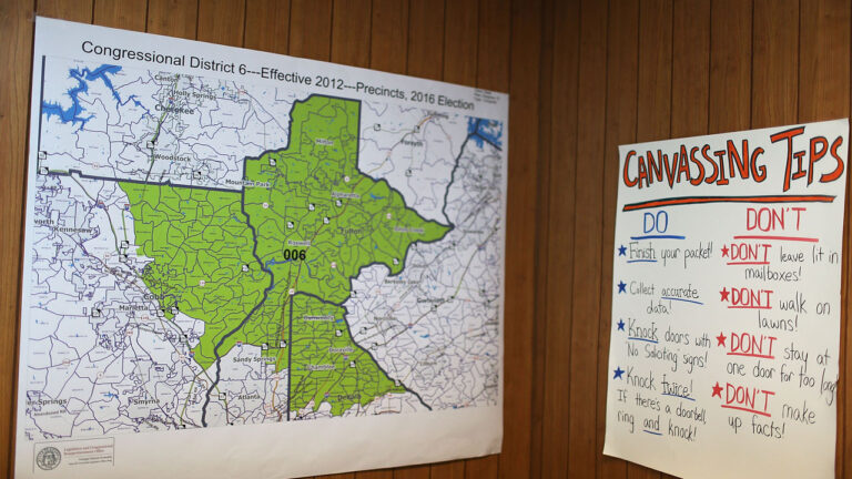Signs are seen on the walls of a campaign office for Democratic candidate Jon Ossoff's as he runs for Georgia's 6th Congressional District.