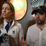 Mikie Sherrill (L) and Arizona Senator Ruben Gallego (R) speak to members of the press.