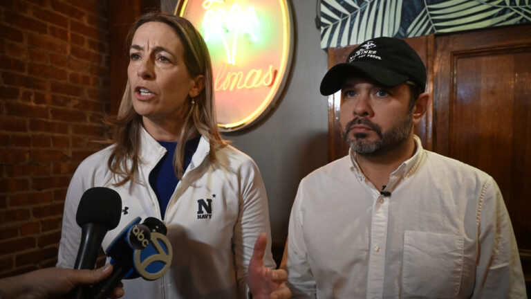 Mikie Sherrill (L) and Arizona Senator Ruben Gallego (R) speak to members of the press.
