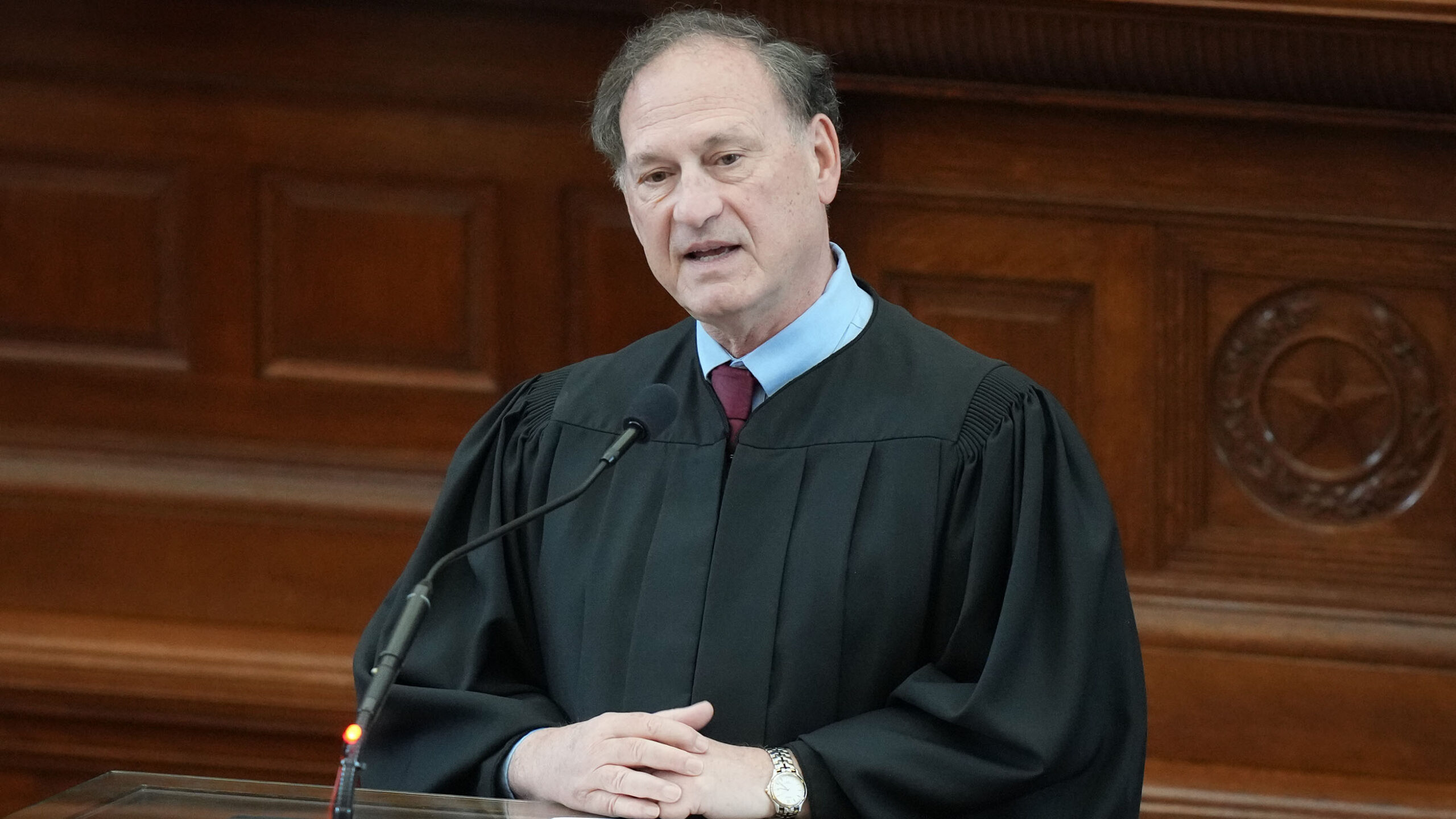 Supreme Court Justice Samuel Alito speaks during the investiture ceremony for Texas Supreme Court justices Kyle Hawkins and James Sullivan at the Capitol in Austin on Thursday, May 7, 2026. (Jay Janner/The Austin American-Statesman via Getty Images)
