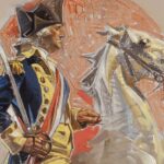 Illustration of George Washington, his sword drawn, as he rides a horse