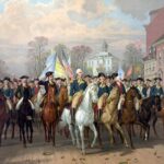 Triumphant George Washington rides through the streets of Boston.