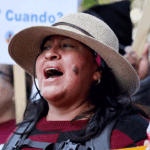 A hispanic woman protests in the street while holding an American flag.