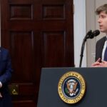 OpenAI CEO Sam Altman speaking at a podium in front of President Donald Trump