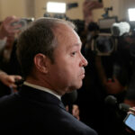 Indiana Rep. Marlin Stutzman (R) speaks to reporters outside of a hearing room on Capitol Hill on May 16, 2025.