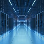 Interior view of a futuristic data center designed for artificial intelligence processing.