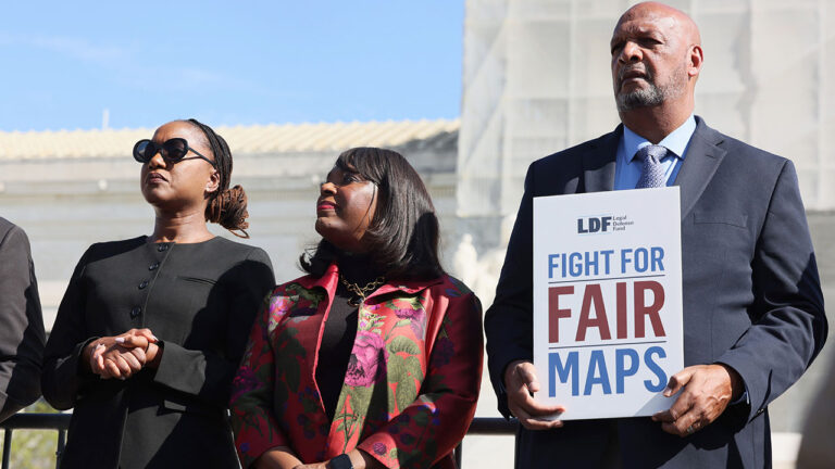 (L-R) Janai Nelson, Terri Sewell and Ambrose Sims attend the rally as activists and participants gather in front of the Supreme Court of the United States during Supreme Court re-argument of Louisiana v. Callais on October 15, 2025 in Washington, DC. (Jemal Countess/Getty Images for Legal Defense Fund)