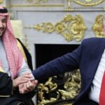 Donald Trump (R) shaking the hand of Crown Prince and Prime Minister Mohammed bin Salman of Saudi Arabia in the Oval Office