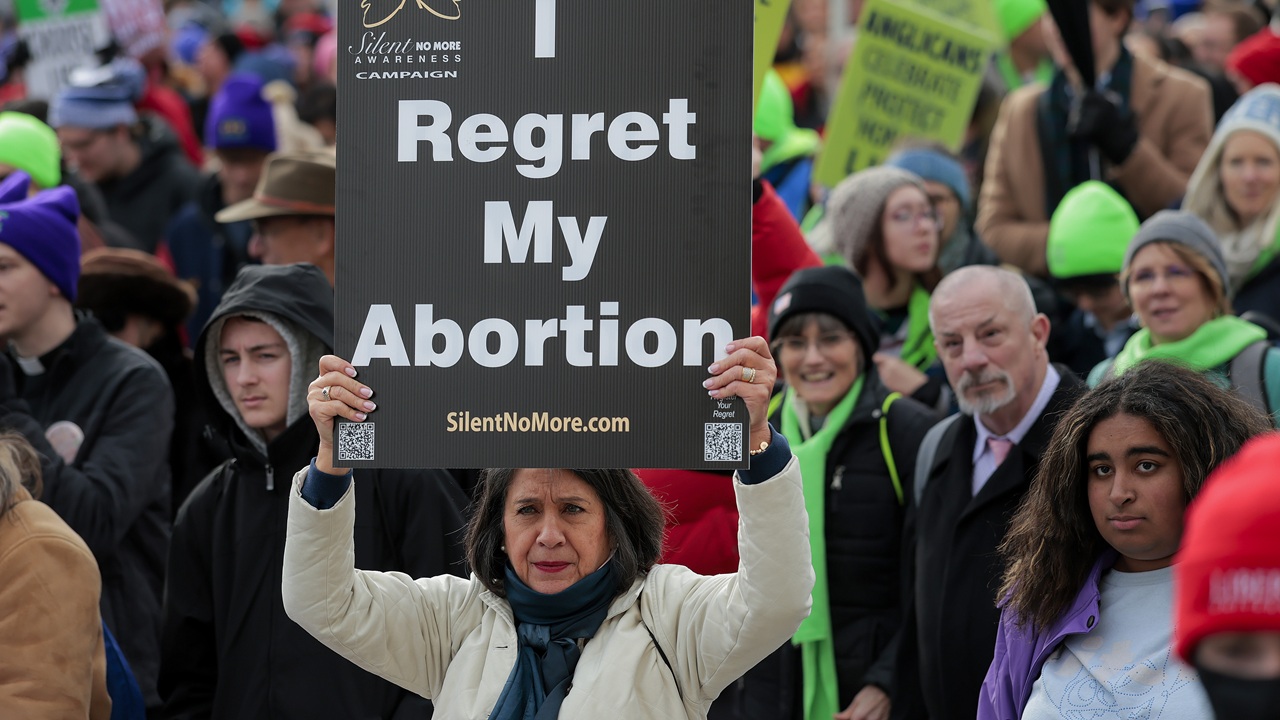 Pro-life protestors holding a sign that says "I regret my abortion."