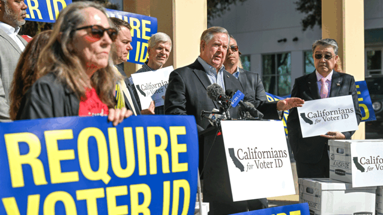 Congressman Ken Calvert speaks to an audience about requiring voter ID in California.
