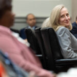 Gov. Abigail Spanberger looks at Chief Justice Cleo E. Powell during her investiture ceremony in the chamber of the Supreme Court of Virginia, on March 2, 2026. (Photo by Mike Kropf-Pool/Getty Images)