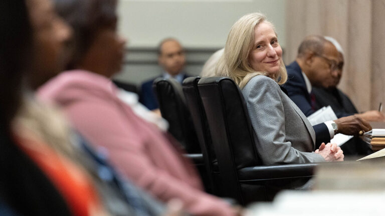 Gov. Abigail Spanberger looks at Chief Justice Cleo E. Powell during her investiture ceremony in the chamber of the Supreme Court of Virginia, on March 2, 2026. (Photo by Mike Kropf-Pool/Getty Images)