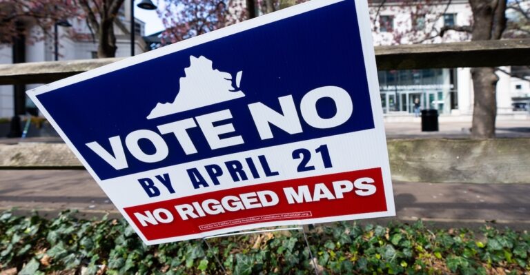 A sign urges early voters to vote no on the Virginia redistricting referendum.