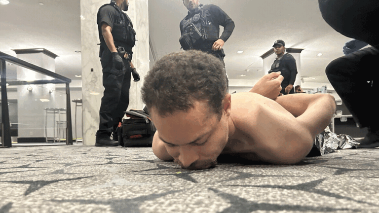 Cole Tomas Allen being detained by police after storming the White House Correspondents' Dinner