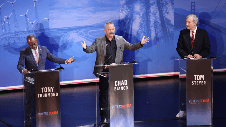 California gubernatorial candidates face off on stage in Claremont California.