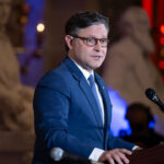US Speaker of the House Mike Johnson, Republican from Louisiana, speaks during the National Day of Prayer service in Statuary Hall at the US Capitol in Washington, DC, on May 7, 2026.