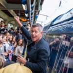 Transportation Secretary Sean Duffy talks with 4th graders before boarding Amtrak's Freedom 250.