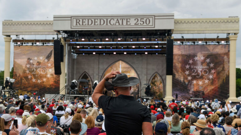 Attendees celebrate during "Rededicate 250: A National Jubilee of Prayer, Praise and Thanksgiving" on the National Mall in Washington, DC, on May 17, 2026.