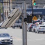 A solar panel and flock camera are mounted on a pole above a busy street with multiple cars and blurred buildings in the background.