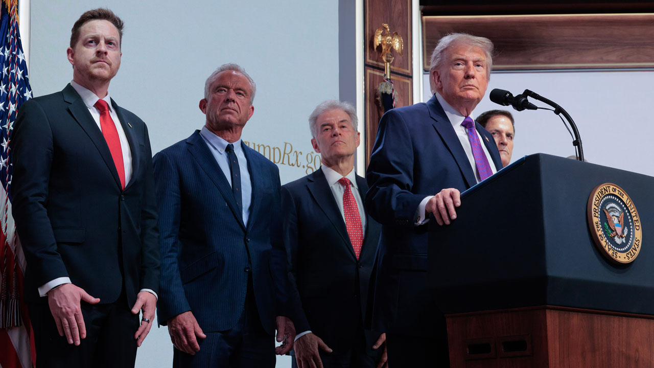 U.S. President Donald Trump speaks as (L-R) Center for Medicare Director Chris Klomp, U.S. Health and Human Services Secretary Robert F. Kennedy Jr. Centers for Medicare and Medicaid Services Administrator Mehmet Oz.