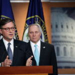 U.S. Speaker of the House Mike Johnson (R-LA) speaks alongside House Majority Leader Steve Scalise (R-LA) at a press conference.