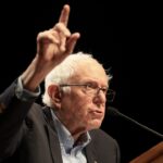 Sen. Bernie Sanders, I-Vt., raising his finger while speaking