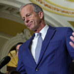 Senate Majority Leader John Thune speaks to reporters after the weekly Senate policy luncheons at the U.S. Capitol.