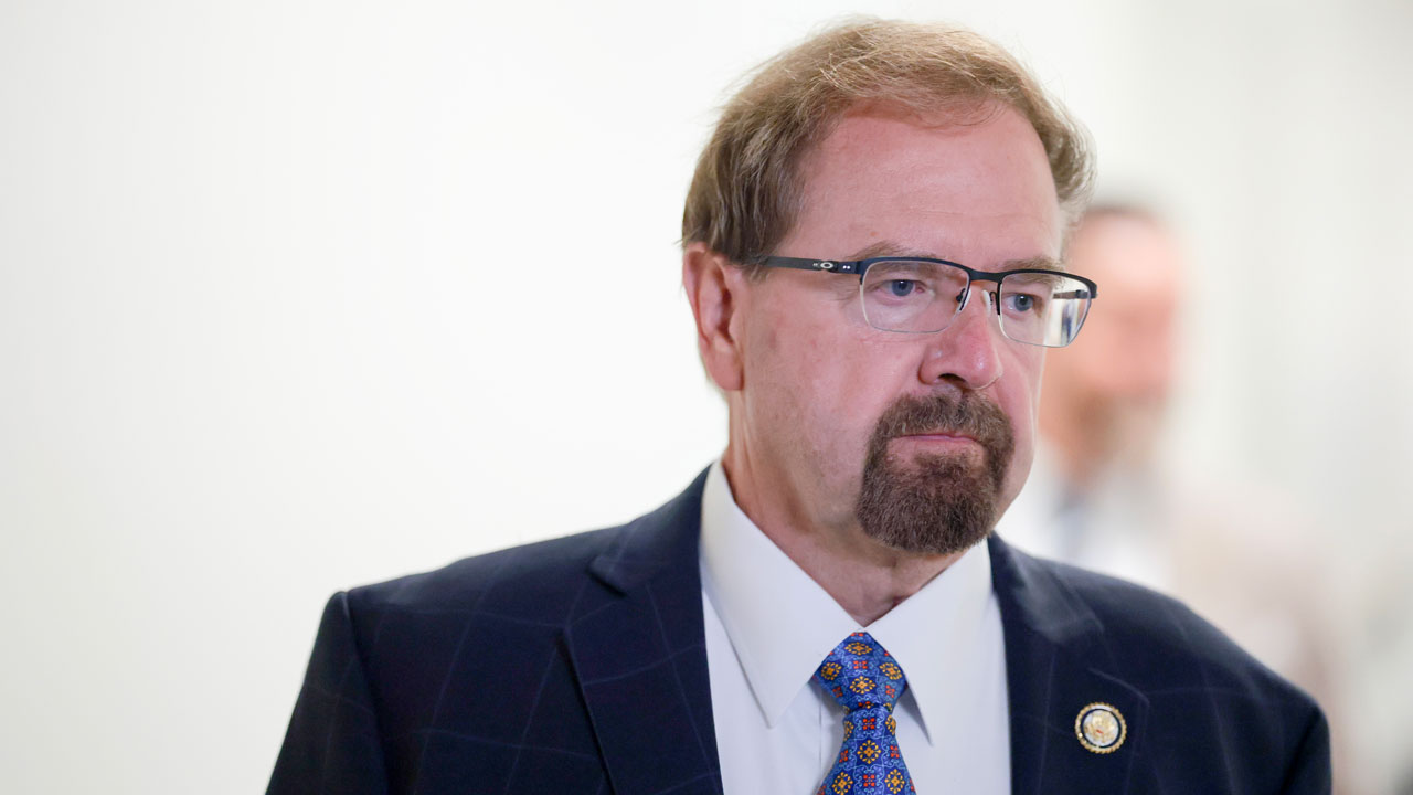 Rep. Chuck Edwards (R-NC) departs from a House Republican Conference meeting.