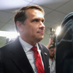 Attorney General Nominee Todd Blanche leaves a meeting on Capitol Hill.