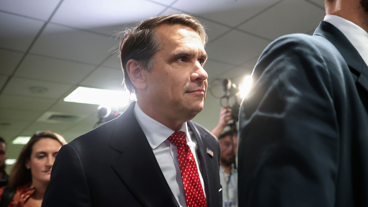 Attorney General Nominee Todd Blanche leaves a meeting on Capitol Hill.