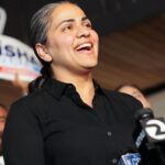 U.S. House candidate, California state Sen. Aisha Wahab speaks to the media during an election-night watch party at Firefighters Local 1909 on August 18, 2026 in Hayward, California. (Heather Diehl/Getty Images)