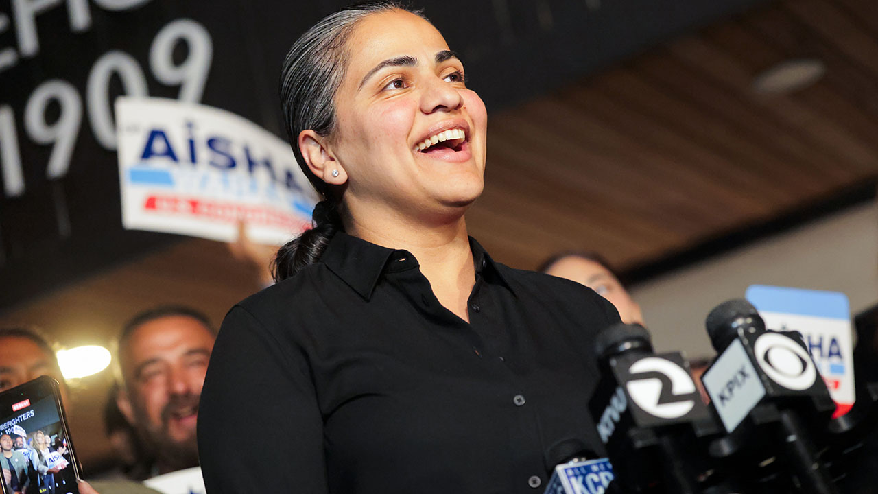 U.S. House candidate, California state Sen. Aisha Wahab speaks to the media during an election-night watch party at Firefighters Local 1909 on August 18, 2026 in Hayward, California. (Heather Diehl/Getty Images)