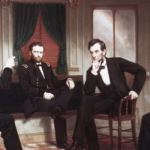 A panting of Abraham Lincoln and three other men, all seated