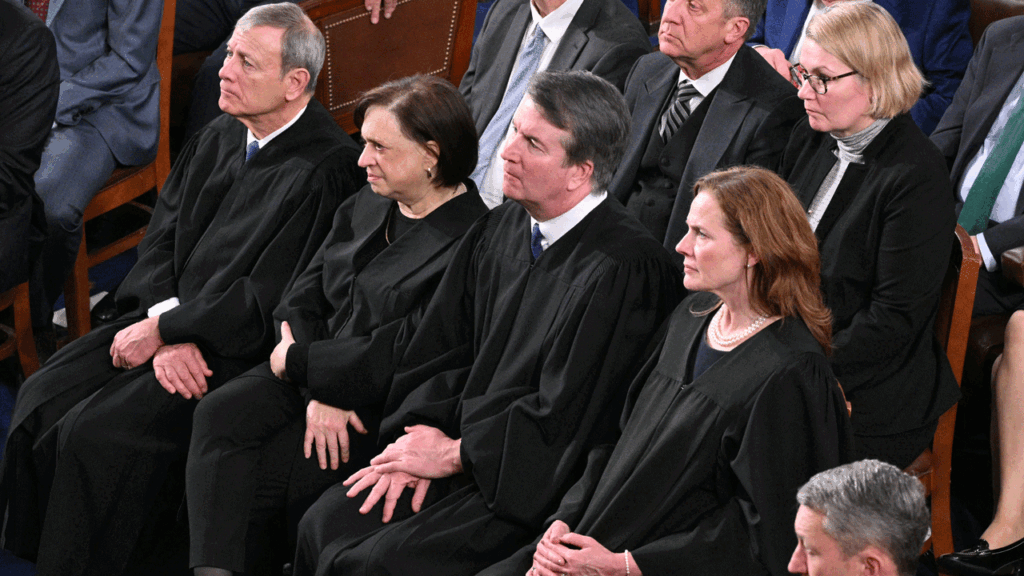 Supreme Court Chief Justice John Roberts, Supreme Court Justice Elena Kagan, Supreme Court Justice Brett Kavanaugh, and Supreme Court Justice Amy Coney Barrett listen as US President Donald Trump delivers the State of the Union address in the House Chamber of the US Capitol in Washington, DC, on February 24, 2026. (Photo by Mandel NGAN / AFP via Getty Images)