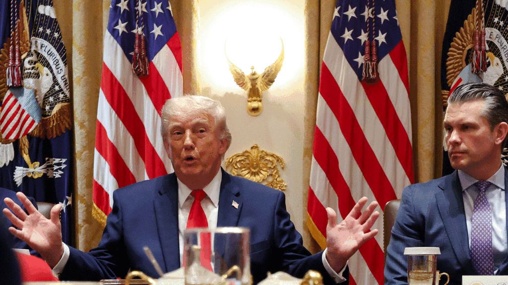 U.S. President Donald Trump speaks as U.S. Secretary of War Pete Hegseth (R) listens during a Cabinet meeting in the Cabinet Room of the White House on May 27, 2026 in Washington, DC. Trump meets with his Cabinet days after saying a peace deal with Iran was “largely negotiated” amid expectations around the re-opening the Strait of Hormuz. (Photo by Win McNamee/Getty Images)