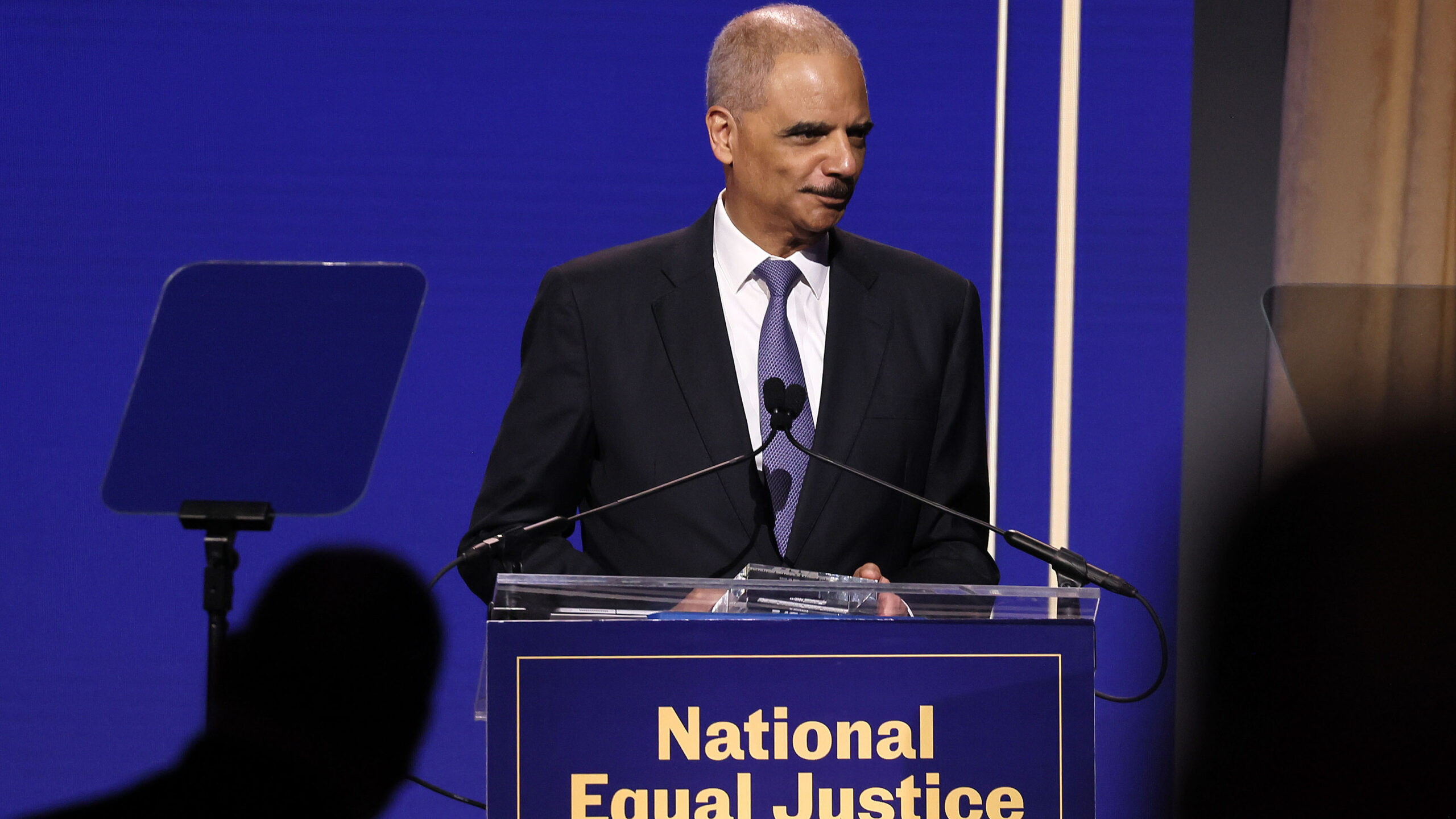 NEW YORK, NEW YORK - MAY 16: Eric Holder speaks onstage during the Legal Defense Fund 36th National Equal Justice Awards Dinner at The Glasshouse on May 16, 2024 in New York City. (Photo by Jemal Countess/Getty Images for Legal Defense Fund)