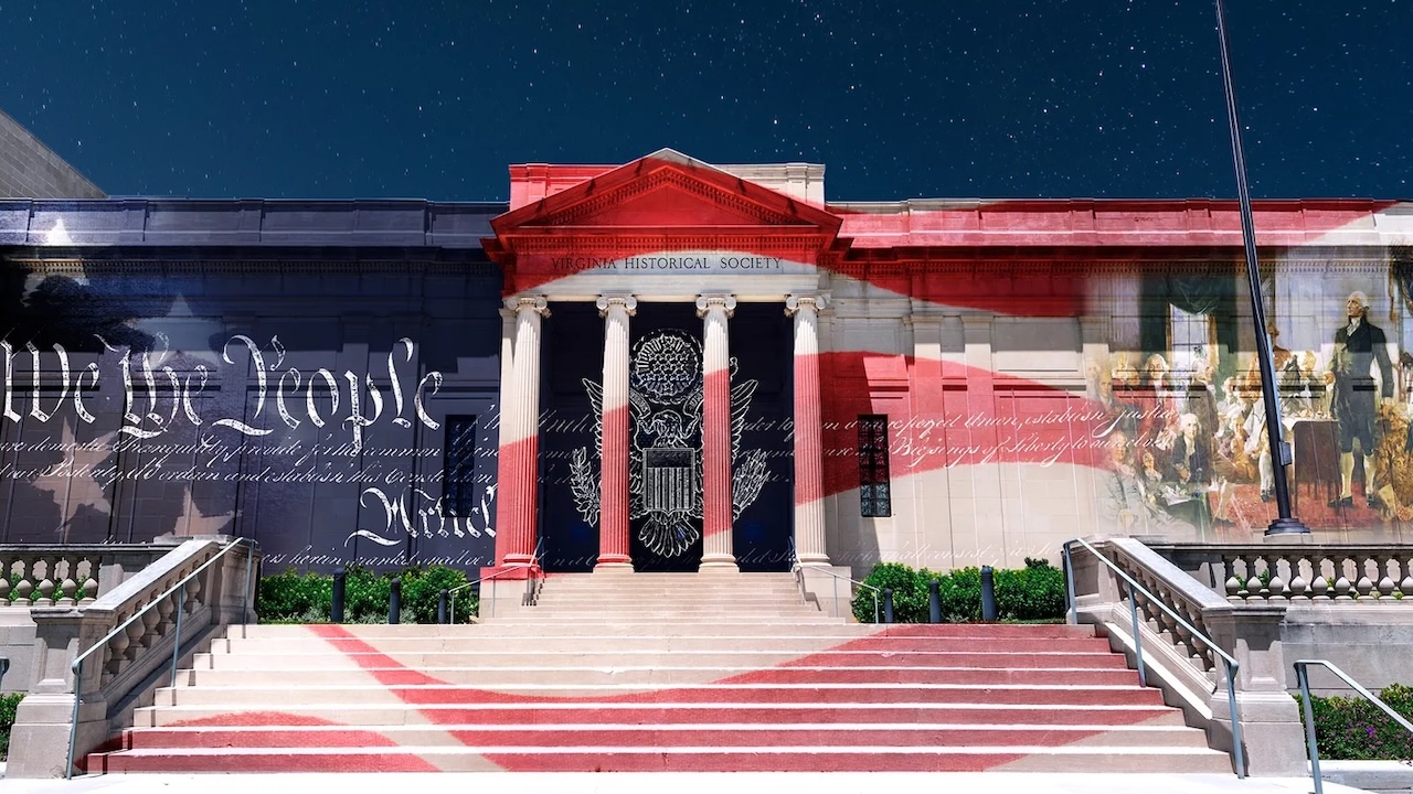 Images from America's founding are projected on the Virginia Historical Society building.