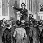 The Last Speech on Impeachment, Thaddeus Stevens Closing the Debate in the House, March 2, Sketched by T.R. Davis, Harper's Weekly, March 21, 1868. (Photo by: Glasshouse Vintage/Universal History Archive/Universal Images Group via Getty Images)