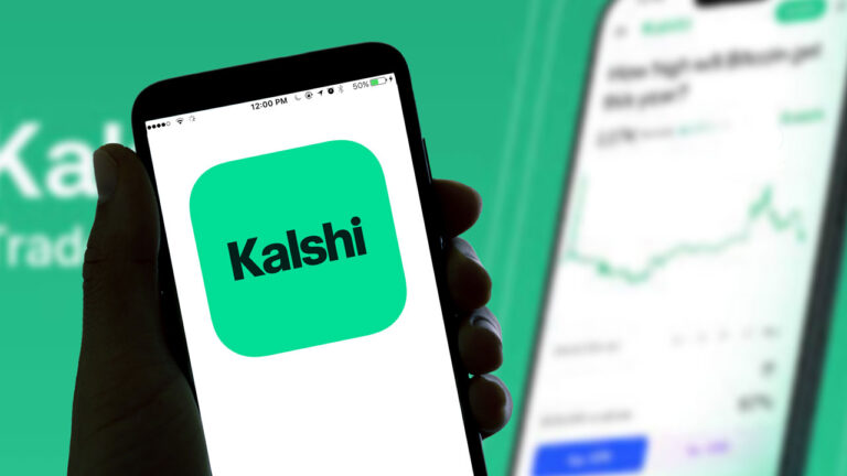 The Kalshi online betting app logo is seen displayed on a smartphone screen.