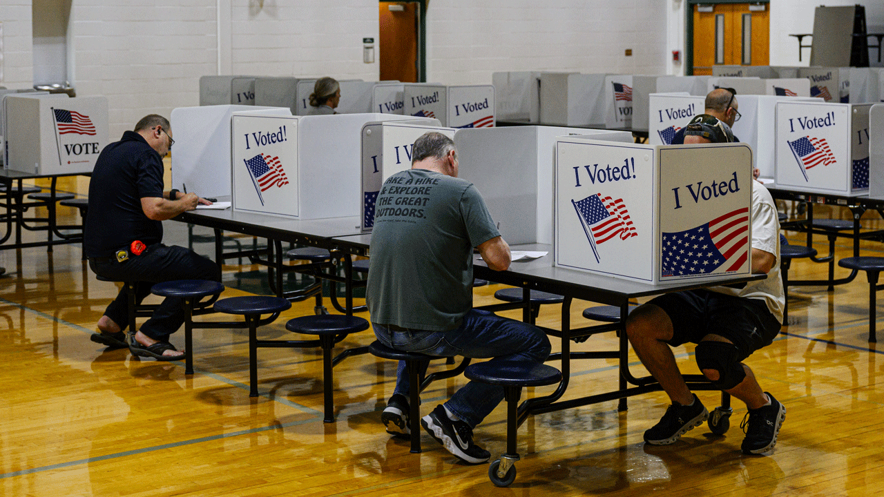 Voters cast their ballots at South Oldham Middle School on May 19, 2026 in Crestwood, Kentucky. Kentuckians will decide today who from each party will compete for retiring Senator Mitch McConnell's seat in the upcoming midterm elections. (Photo by Jon Cherry/Getty Images)