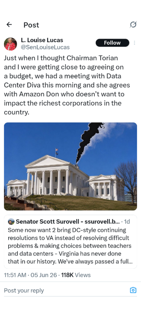 'CIAbigail' Spanberger Wars With Fellow Virginia Democrats 1 Tweet from Virginia Sen. Louise Lucas blasting Gov. Spanberger as "Data Center Diva."