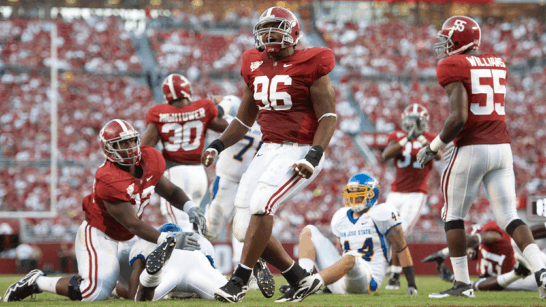 College Football: Alabama Luther Davis (96) victorious during game vs San Jose State. Tuscaloosa, Alabama on Sept. 4, 2010 (Bob Rosato /Sports Illustrated via Getty Images)
